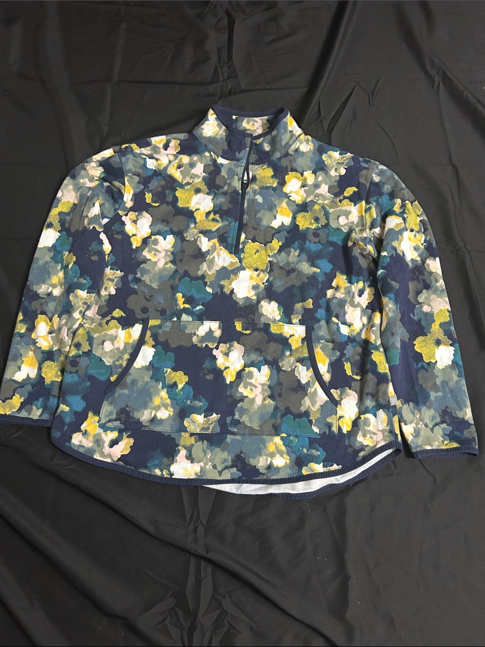 Talbots Navy Floral Quarter-Zip Pullover with Yellow Accents